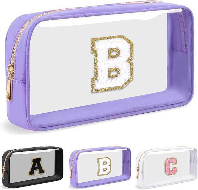 UIXIZQ Personalized Initial Letter Clear Makeup Bag,Preppy Small Nylon&PVC Cosmetic Zipper Bag with Chenille Letter,Travel Skincare Toiletry Bag,Monogram Christmas Gift for Teen Girls Women,B