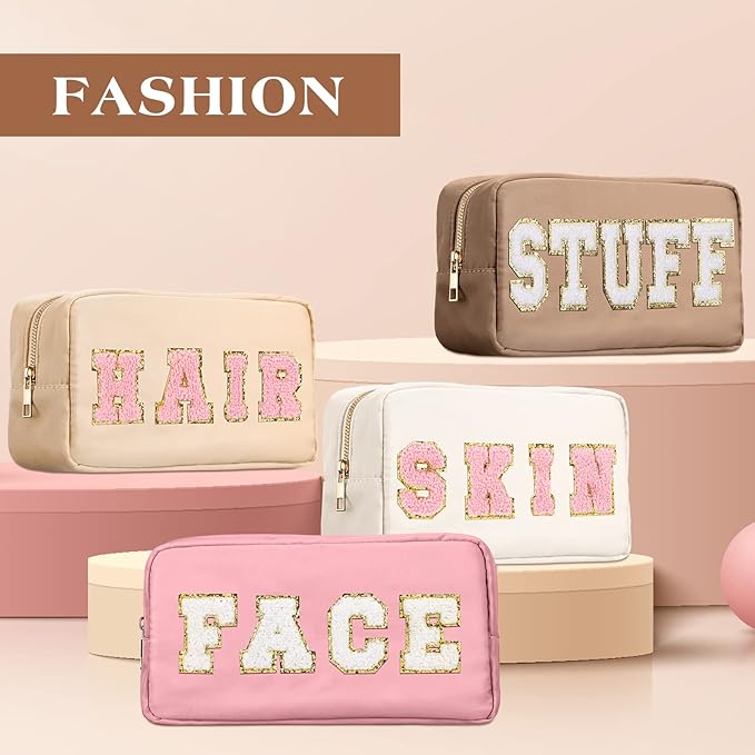 Cunno Preppy Makeup Bags Chenille Letter Stuff Bag Nylon Cosmetic Pouch Cases with Zipper for Women Travel Toiletry(Multi Colors,Classic,4 Pcs)