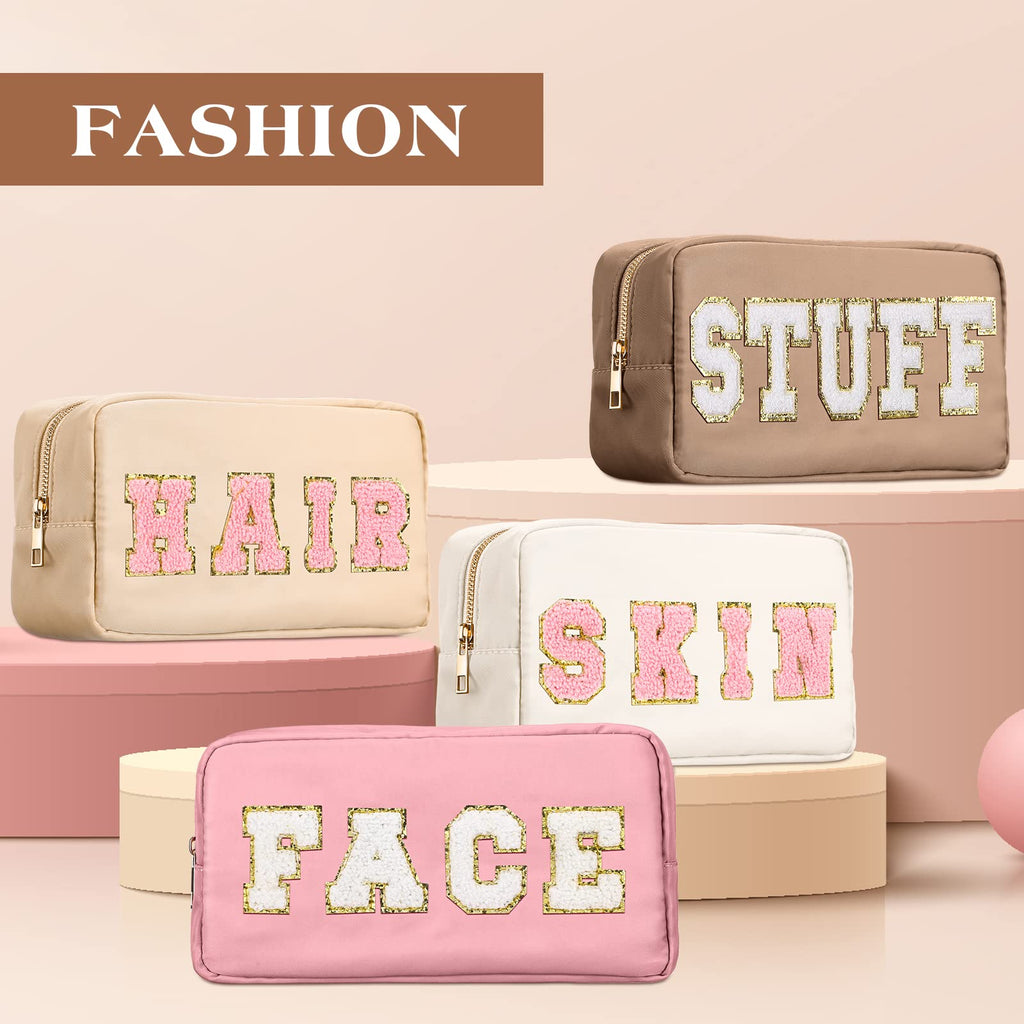 Cunno Preppy Makeup Bags Chenille Letter Stuff Bag Nylon Cosmetic Pouch Cases with Zipper for Women Travel Toiletry(Multi Colors,Classic,4 Pcs)