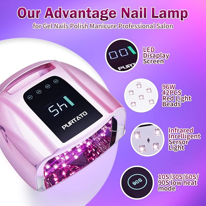 PURTATO Professional Rechargeable 96W UV LED Portable Cordless UV Light for Nail Lamp Machine with Removable Stainless Steel Bottom,4 Timer Setting and Smart Sensor Nail Dryer (Plating Pink)