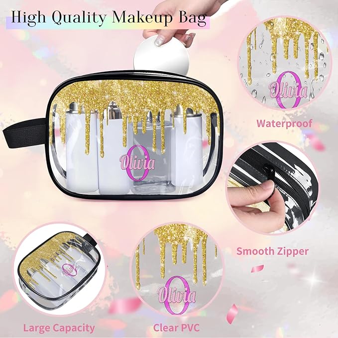 KFNHN Personalized Clear Makeup Bag with Name, Transparent Travel Cosmetic Bag for Women, Friends, Mother's Day, Bridesmaid, Bride, Wedding, Graduation, Yellow Glitters Water Fluid Shape Sequins