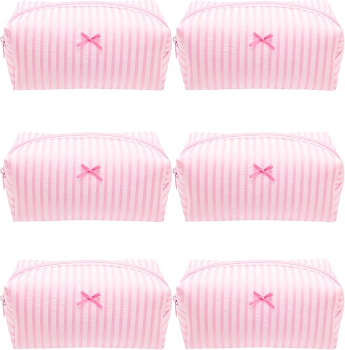 Cozy Makeup Bag for Women,Zipper Cosmetic Pouch,Stripe Cute Pink,6 Pack