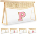 Small Boho Straw Initial Letter Makeup Bag Personalized Gift,Cute Clear Chenille Patch Makeup Bag With Zipper,Trendy TSA Approved Travel Toiletry Bag,Gift for Women Girls Birthday Friend, Letter P