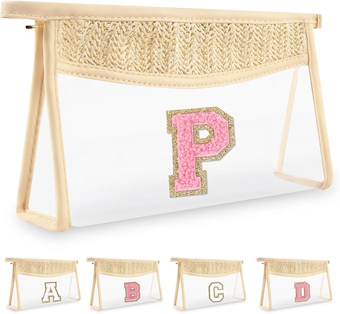 Small Boho Straw Initial Letter Makeup Bag Personalized Gift,Cute Clear Chenille Patch Makeup Bag With Zipper,Trendy TSA Approved Travel Toiletry Bag,Gift for Women Girls Birthday Friend, Letter P