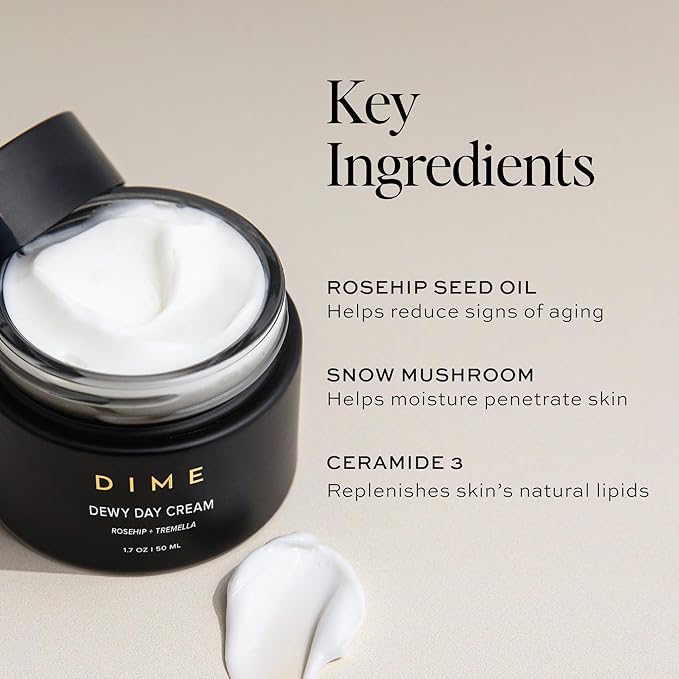 DIME Beauty Dewy Day Cream - Anti-Aging Hydrating Face Moisturizer with Rosehip Oil, Ceramides and Snow Mushroom for Dry and Combination Skin, Vegan and Cruelty-Free, 1.7 oz / 50 ml