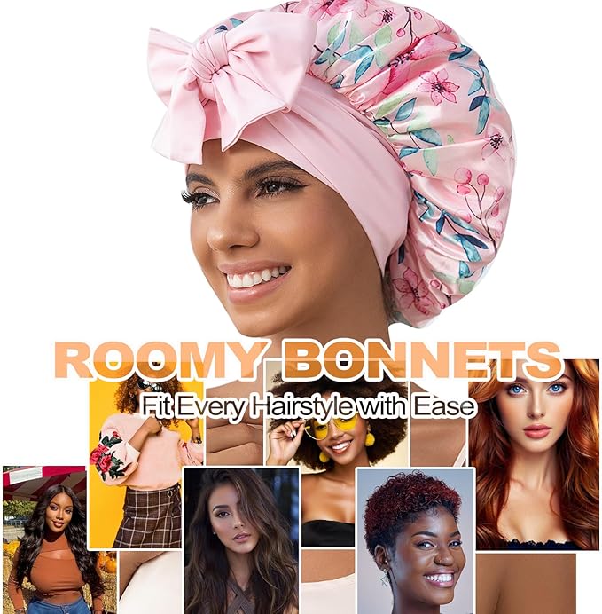 GDTOGRT Satin Silk Bonnet for Sleeping Women, Double Layer Sleep Hair Bonnets Caps for Curly Natural Hair with Tie Band - Pink Floral