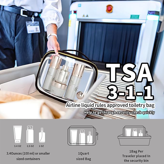 FAYORORY TSA Approved Travel Toiletry Bag,2 Pack Clear Makeup Bags with Handles,Quart Size Clear Cosmetic Bags for Traveling Women,Men,Carry on Airport Airline Compliant Bag,Black