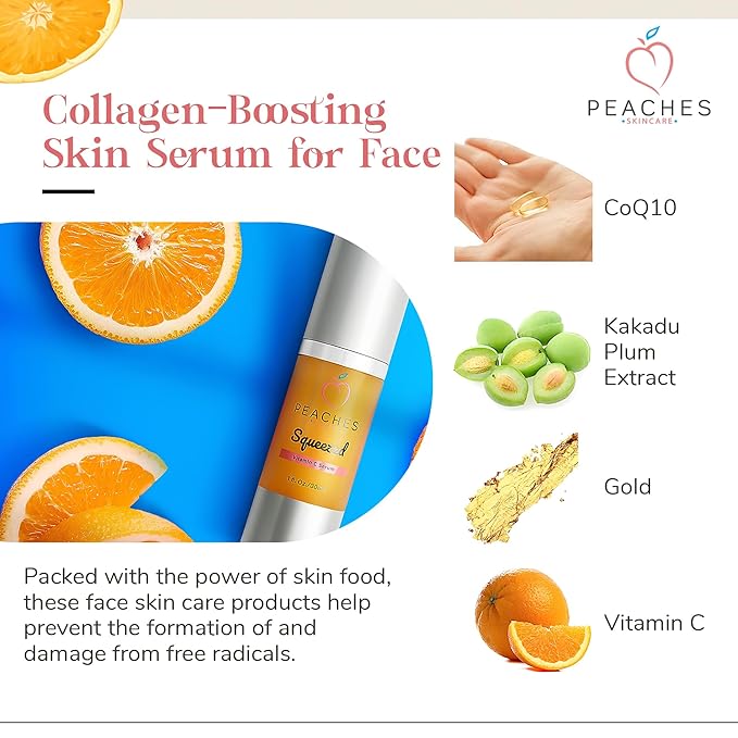 Peaches Skin Care Vitamin C Serum with Kakadu Plum and CoQ10, 1 fl oz