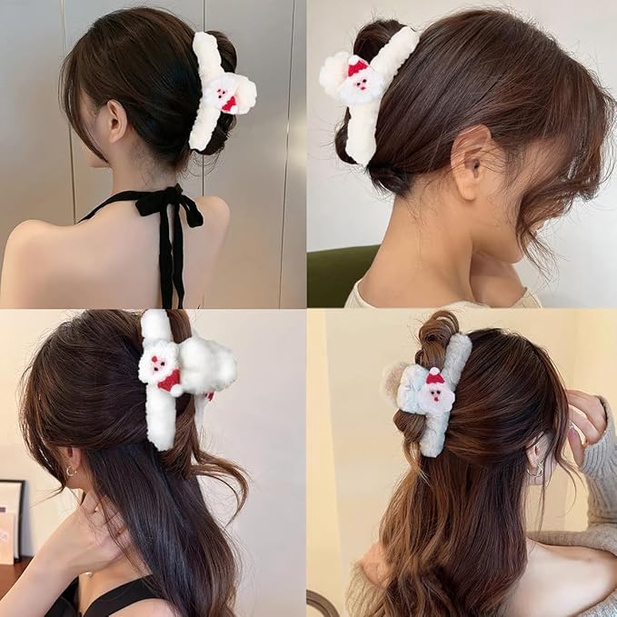 BMKKOT Christmas Hair Clips White Plush Acrylic Hair Claw Clips Cute Santa Claus Design Hairpins Xmas Hair Accessories Nonslip Large Clamp Clips for Medium Thin Hair Decoration 1Pcs