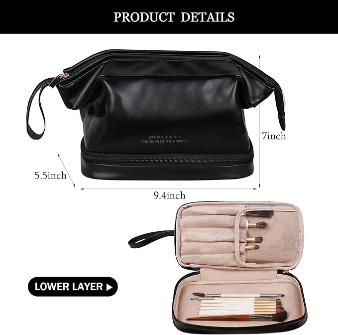 Abiudeng Large Makeup Bag for Women,Travel Makeup Organizer with Brush Holder, Dopp Kit Essentials,Waterproof PU Cosmetic Bag for Traveling,Multi Compartment, Cute,Spacious Capacity-Black