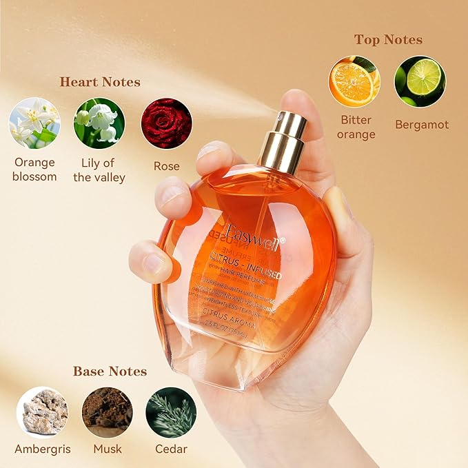 EASYWELL Hair Perfume for Women, Christmas Gift Birthday Gifts for Mom and girls, Leave In Conditioner Spray with Vitamin B5, Hair Care Fragrance, Hair Oil Mist, Citrus, 2.5 fl oz