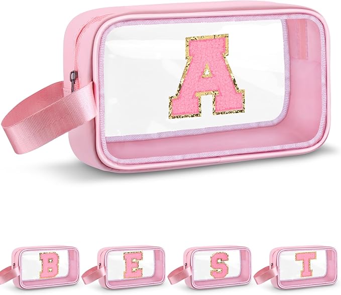 Vodolo Initial Makeup Bag,Letter A Cute Clear Monogrammed Cosmetic Travel Bag for Womens Girls,Personalized Pink Aesthetic Traveling Make Up Organizer Bag for Beach,Waterproof Toiletry Bag