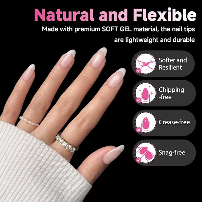 UNA GELLA Medium Almond Nail Tips, 312pcs Gel Nail Tips Almond Shape Pre Etched Full Cover Clear Fake Acrylic Pointed Press On Nails No C Curve for Nails Extension Art DIY Salon 12 Sizes
