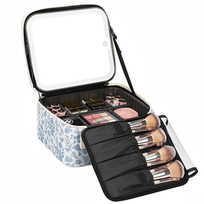 Relavel Travel Makeup Bag with LED Mirror, Floral Train Case with Dividers