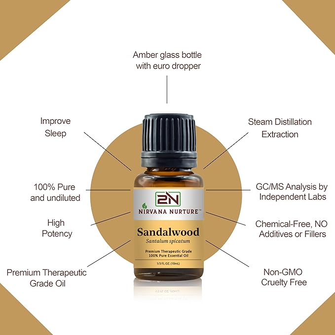 Nirvana Nurture Sandalwood Essential Oil, 100% Pure Undiluted, Aromatherapy Oil for Diffuser, Hair & Skin Care