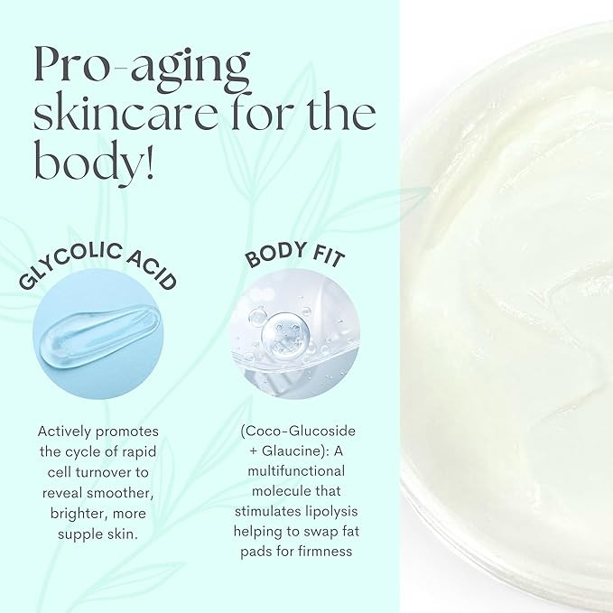 Serious Skincare, Glycolic Firming Retexturizing Body Cream with BODY FIT™, Moisturizing Lotion for Dry Skin, for Loose Crepey Skin Arms, Legs, Belly, Gentle Exfoliation for Smooth & Glowing Skin 8 Oz