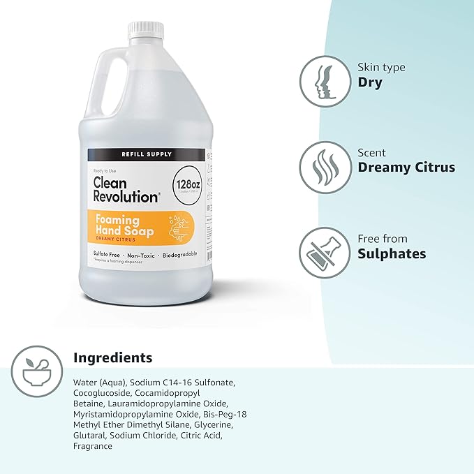 Clean Revolution Foaming Hand Soap Refill with Real Essential Oils, Moisturizing Sulfate-Free Hand Soap, Ready-to-Use Foam Soap Refill for Kitchen & Bathroom (Dreamy Citrus, 128oz)