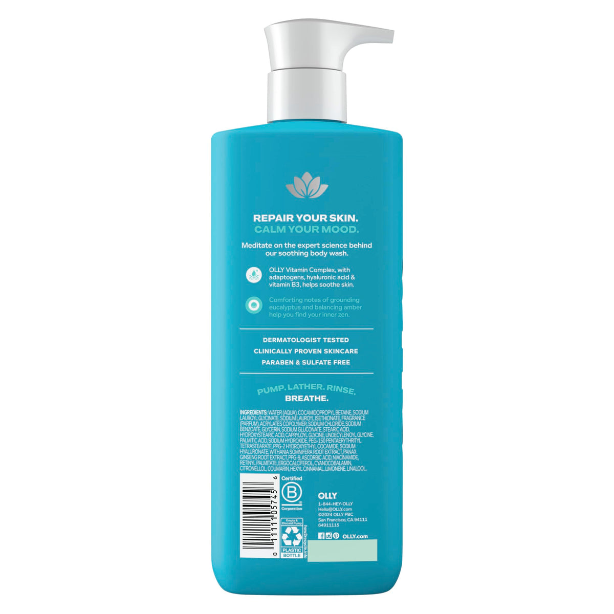 OLLY Calm Body Wash Eucalyptus Amber 17oz with Hyaluronic Acid