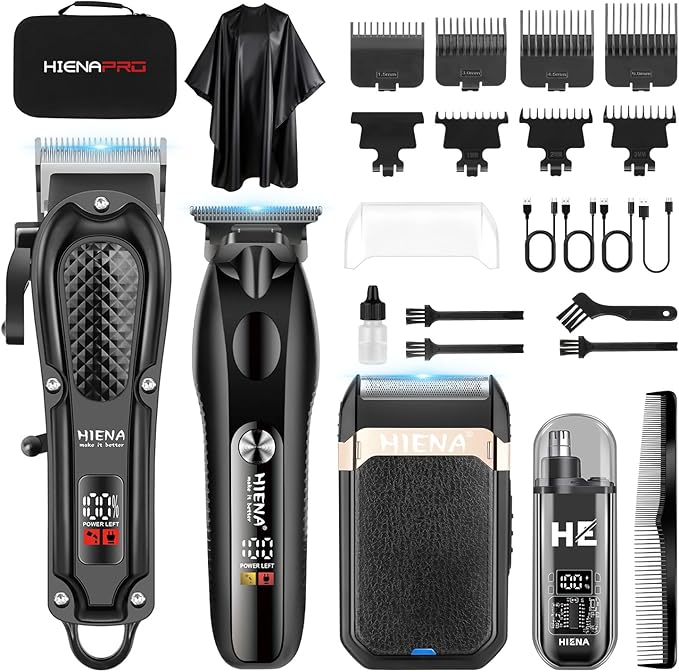 HIENA PRO Hair Clippers for Men Professional, Cordless Barber Clipper & T-Blade Beard/Hair Trimmer Set, Electric Razor Foil Shaver Nose Trimmer Barber Kit, Men's Hair Cutting Kit
