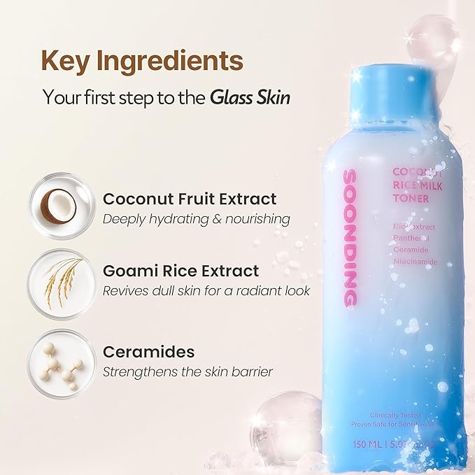 SOONDING Coconut Rice Milk Toner, Lightweight Hydration for Dry & Sensitive Skin, Ceramides & Niacinamide, Glowy Skin, Fragrance-Free Korean Skin Care, 150ml / 5.07 fl oz
