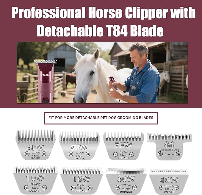 DODAER Professional Grooming Electric Corded 2-Speed Horse Clipper with Detachable Blade - Cool & Quiet Running Design - Includes Size T84 Blade for Complete Horse Grooming - Burgundy