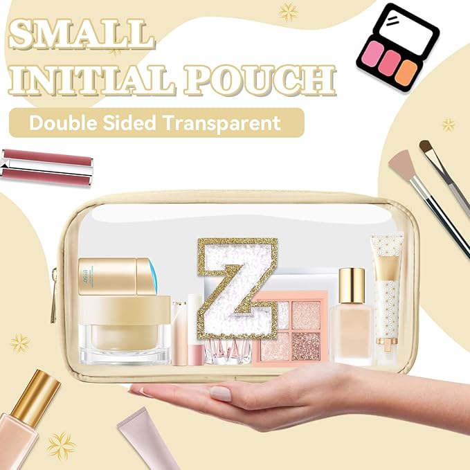 Small Clear Personalized Initial Makeup Bag, Preppy A-Z Chenille Letter Patch Cosmetic Bag, Cute Transparent Nylon Waterproof Zipper Beach Varsity Letter Pouch, Gift for Women Girls(Beige-White Z)
