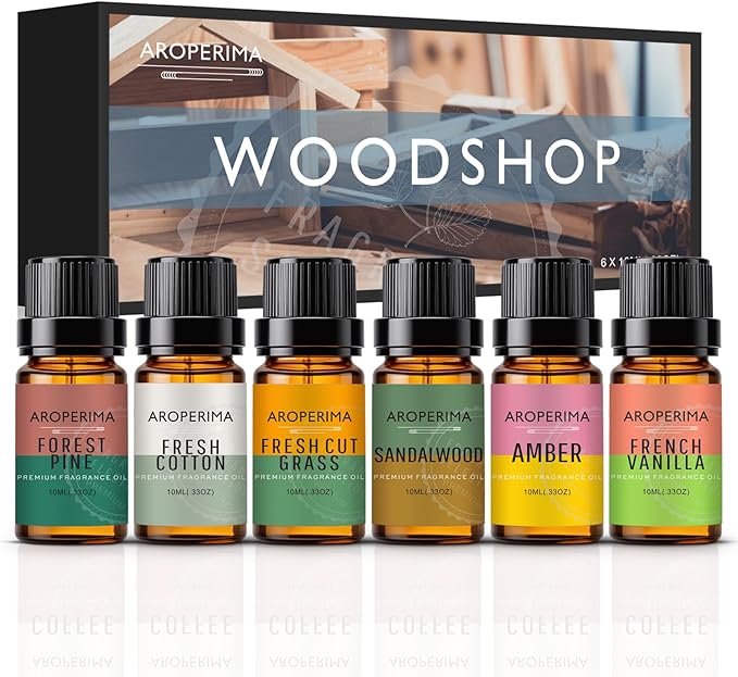 AROPERIMA WOODSHOP Fragrance Essential Oil Set - French Vanilla, Amber, Forest Pine, Fresh Cotton, Fresh Cut Grass, Sandalwood 6x10ML for Diffusers, Massage, Perfume, Soap Making and Candle