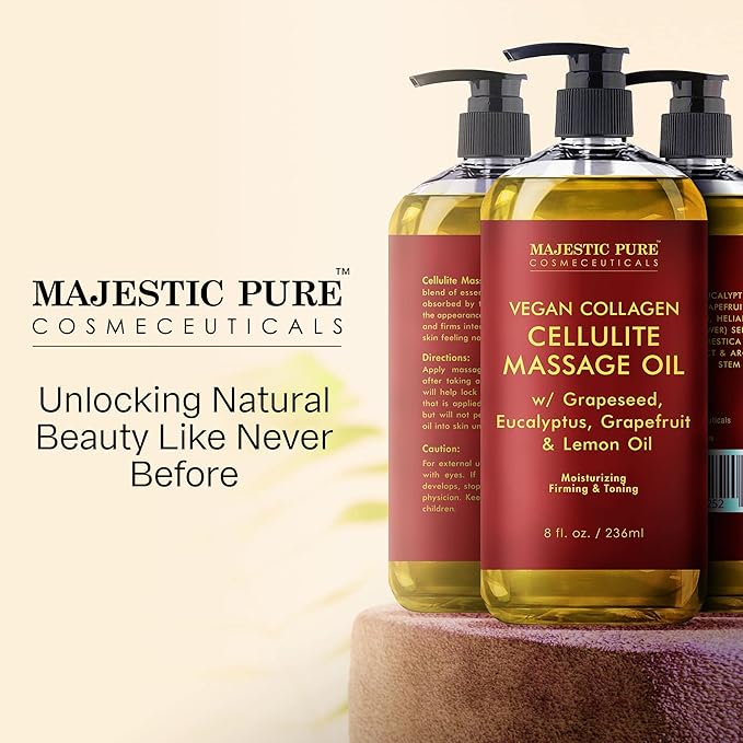 Majestic Pure Firming Body Massage Oil- Helps Smooth the Appearance of Cellulite & Improve Skin Texture- Natural Oils with Collagen- Refreshing Aromatherapy Body Oil for Legs & Full Body - 8 fl oz