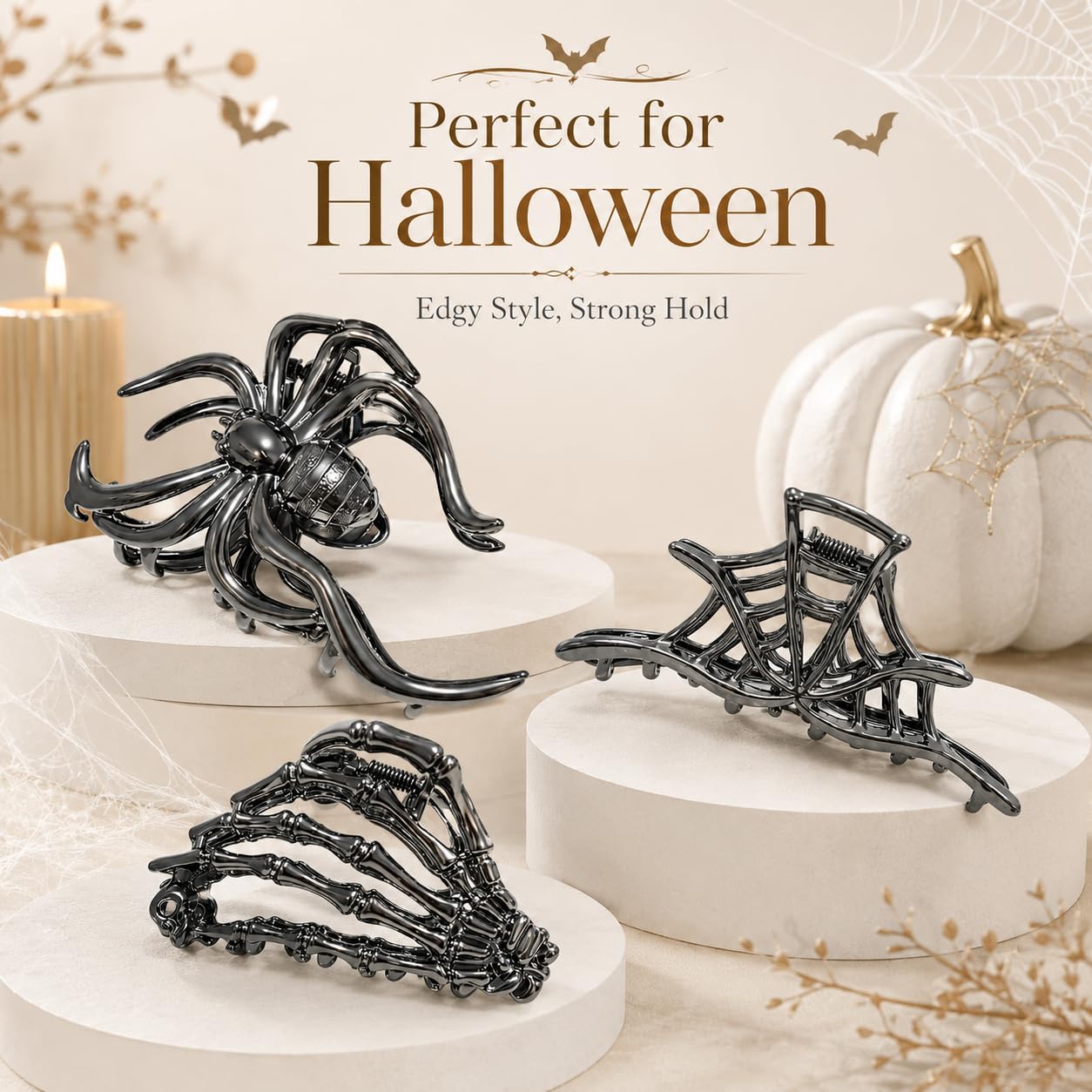 Parcce 3 Pieces Large Metal Spider Net Hand Hair Claw Clips for Women and Girls Thick Long Hair, Nonslip Skeleton Spooky Barrette Headband Hair Styling Accessories for Halloween