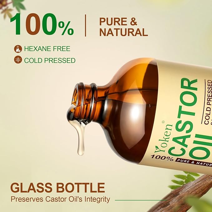 Yoken EWG Organic Castor Oil 16oz Cold Pressed Hexane Free for Hair Skin