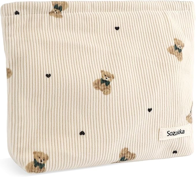 Tmtains Corduroy Makeup Bag Cute Small Soft Zipper Makeup Bags for Purse Organizer Cosmetic Travel Toiletry Pouch with Bear Pattern Coquette Aesthetic Period Pouch Valentine Gifts for Women (Beige)