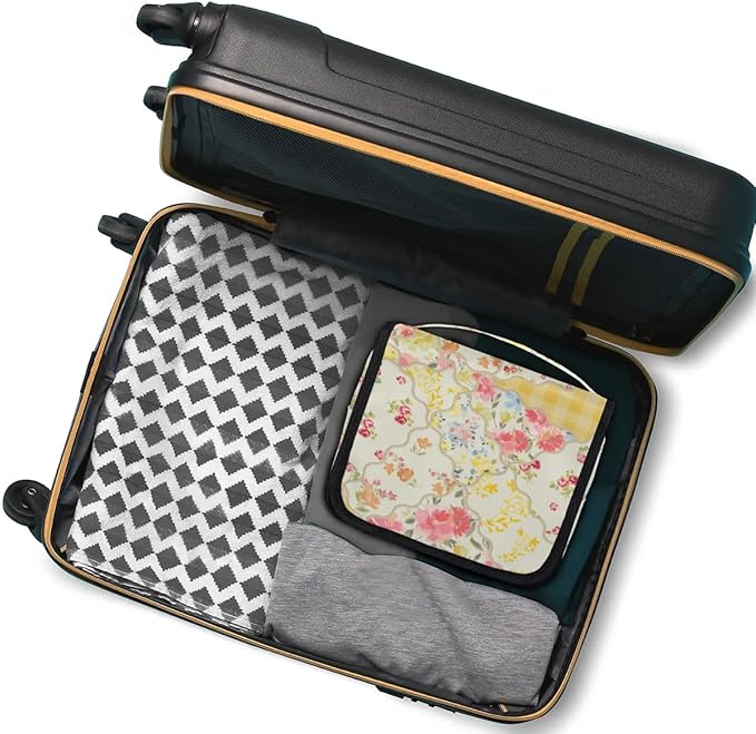 OMFUNS Yellow Flower Travel Toiletry Bag with Hanging Hook for Women and Girls, Rose Floral Cosmetic Makeup Case Organizer for Accessories, Shampoo, Full Sized Container, Toiletries