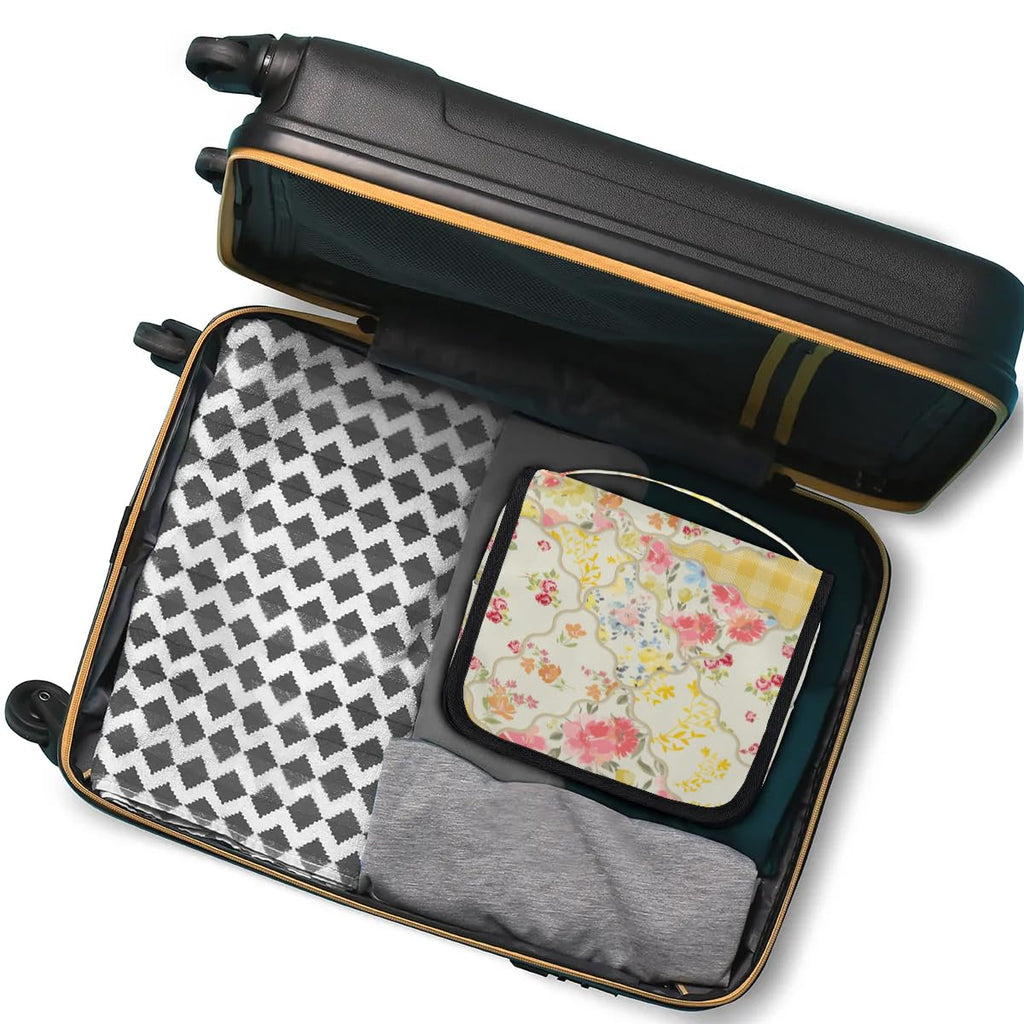 OMFUNS Yellow Flower Travel Toiletry Bag with Hanging Hook for Women and Girls, Rose Floral Cosmetic Makeup Case Organizer for Accessories, Shampoo, Full Sized Container, Toiletries