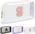 UIXIZQ Personalized Initial Letter Clear Makeup Bag,Preppy Small Nylon&PVC Cosmetic Zipper Bag with Chenille Letter,Travel Skincare Toiletry Bag,Monogram Christmas Gift for Teen Girls Women,S