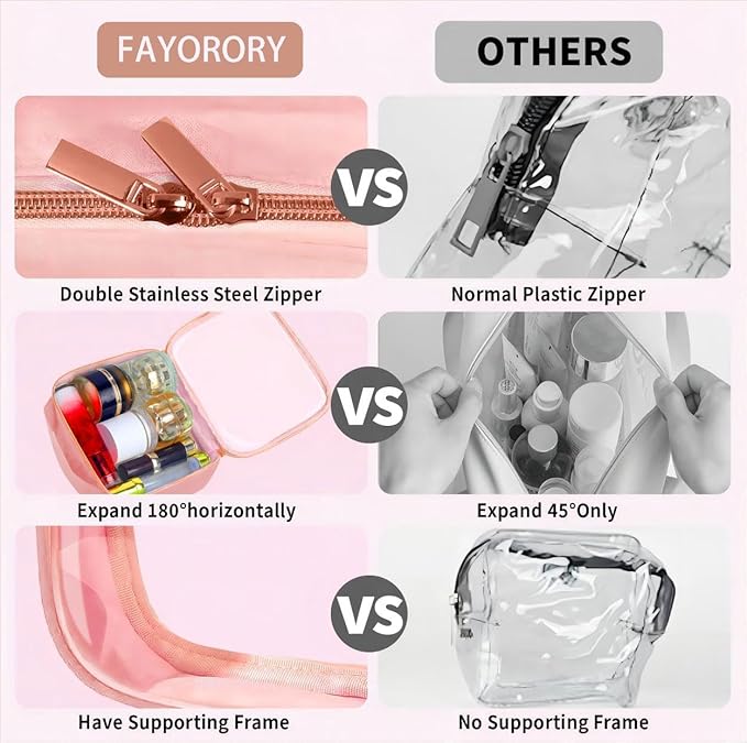 FAYORORY Travel Toiletry Bag,2 Pack Clear Makeup Bags with Handles,180°Opening Clear Cosmetic Bags for Traveling Women,Men,Travel Essentials,Pink