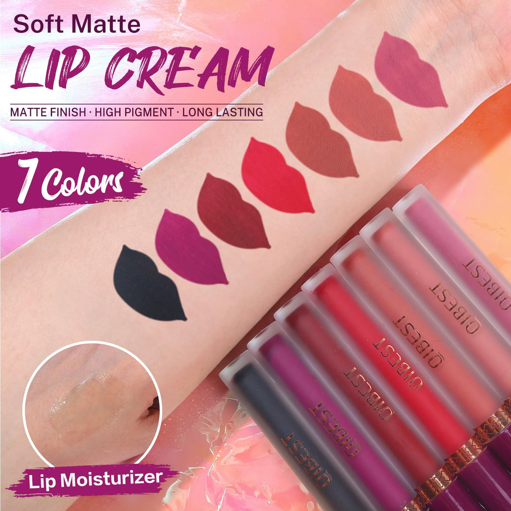 QiBest 7Pcs Matte Liquid Lipstick wiith 1Pc Lip Plumper Makeup Set, Dark Black Purple Lipstick Goth Halloween Lip Set Waterproof Lip Gloss Kit Pigmented Long Lasting Lipstick Makeup for Women & Girls