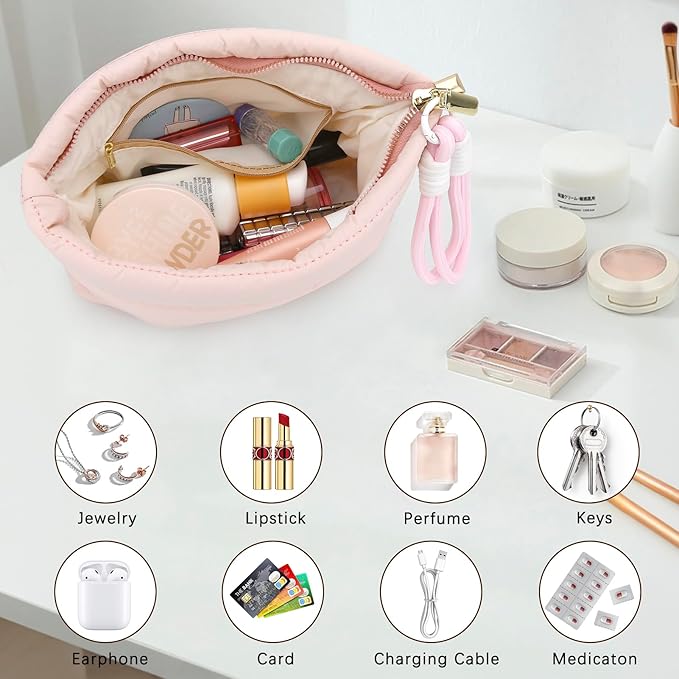 DOB SECHS Quilted Makeup Bag with Handle Detachable Cute Striped Puffy Cotton Cosmetic Bag for Women, Small Puffer Toiletry Zipper Make Up Pouch Clutch Bag Travel Organizer Storage Pouches Case, Pink