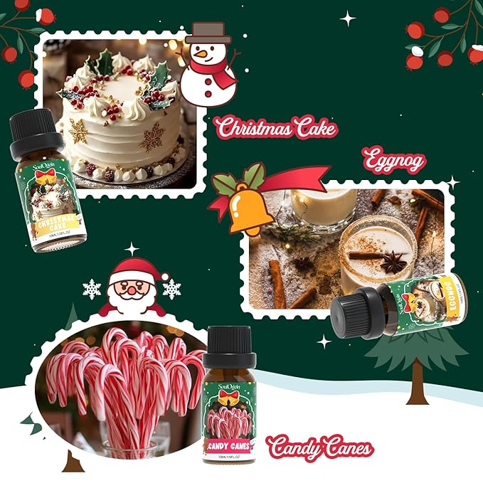 Soulorigin Christmas Essential Oils Set, Fragrance Oil Set for Diffuser, Scent Diffuser Oil for Candle Making-Christmas Cake, Eggnog, Candy Canes, Gingerbread, Mistletoe, Christmas Pudding