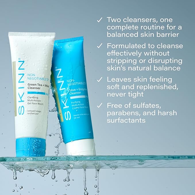 SKINN Day and Night Face Wash Set - Green Tea Mint + Olive Enzyme Cleanser