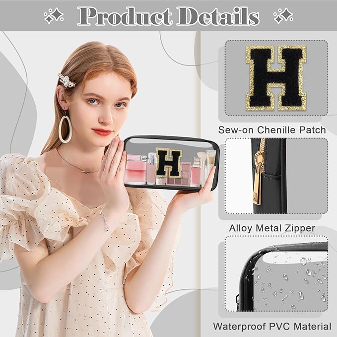 UIXIZQ Personalized Initial Letter Clear Makeup Bag,Preppy Small Nylon&PVC Cosmetic Zipper Bag with Chenille Letter,Travel Skincare Toiletry Bag,Monogram Christmas Gift for Teen Girls Women,H