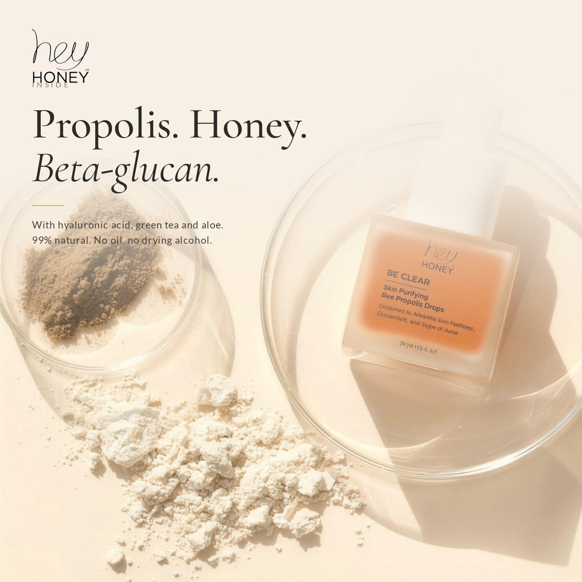 Hey Honey Be Clear Propolis Face Serum with Beta-Glucan & Hyaluronic Acid – Oil-Free, Dermatologist-Tested Serum for Blemish-Prone, Oily & Sensitive Skin – Softens the Look of Redness – 1 fl oz