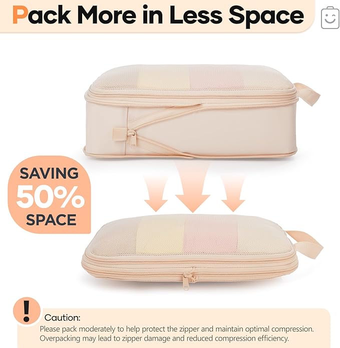 Veken 6/9/11 Set Compression Packing Cubes Garment Bags for Travel Essentials,Compressible Expandable Luggage Organizer Bags for Clothing,Space Saver Bags with Over 1000 pcs of Mesh Holes(Beige)