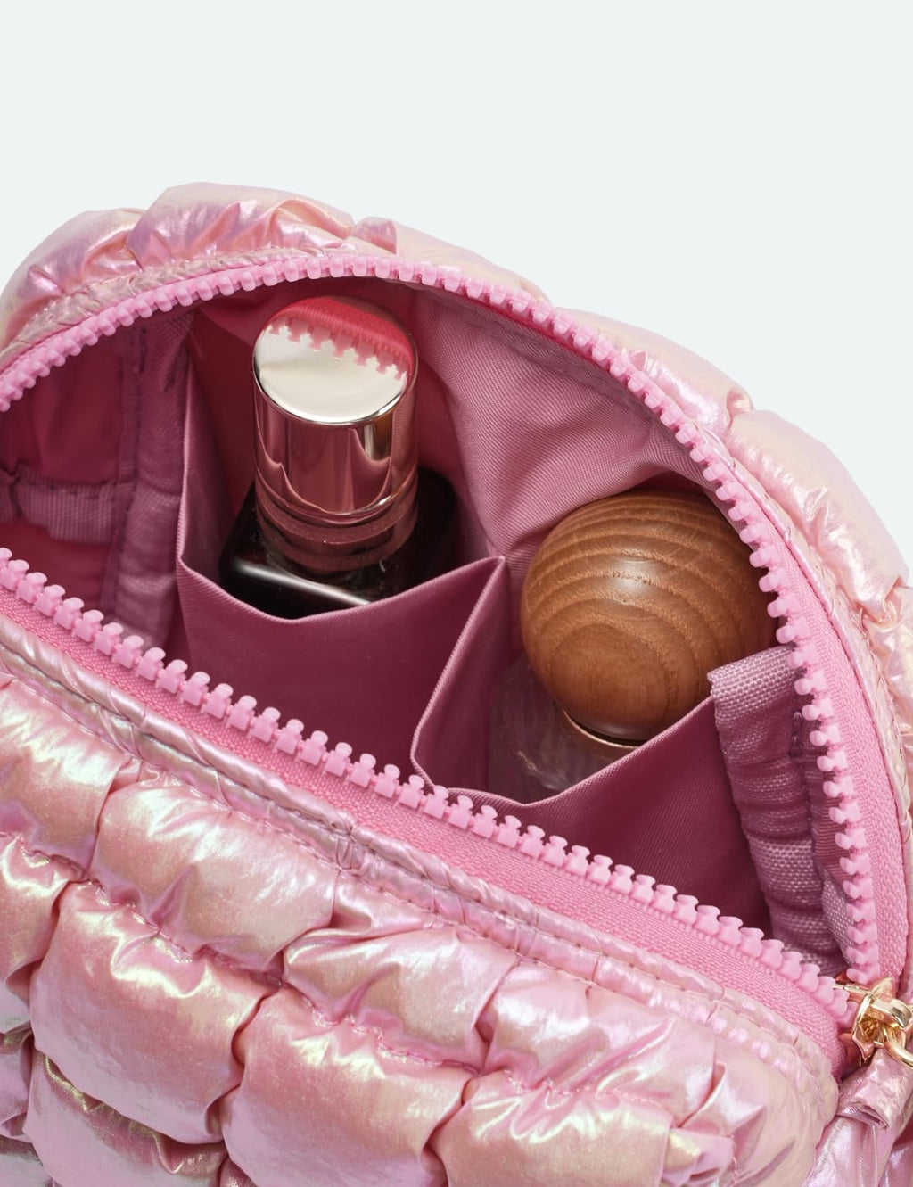 Yarnic Quilted Makeup Bag Cosmetic Bag, Travel Toiletry Bag for Women, Cute Makeup Bag Organizer Puffer Makeup Pouch (Iridescent Pink, S)