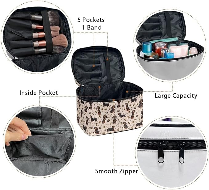 Drydeepin Dachshund Dog & Paws Print Travel Makeup Bags for Women Portable Tote Cosmetic Case with Carry Handle Toiletry Accessories Storage Organizer Bags, Beige