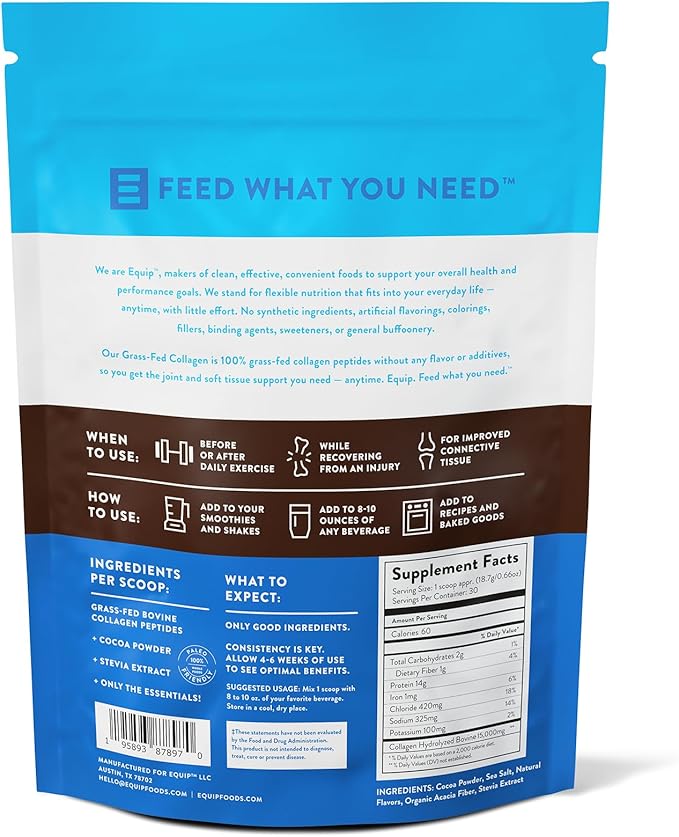 Equip Foods Grass Fed Collagen Powder -100% Hydrolyzed Bovine Collagen Peptides with Amino Acids - Prime Beef Collagen for Healthy Joints, Skin & Nails - Non-GMO, Paleo Friendly, 1.23 Pound, Chocolate