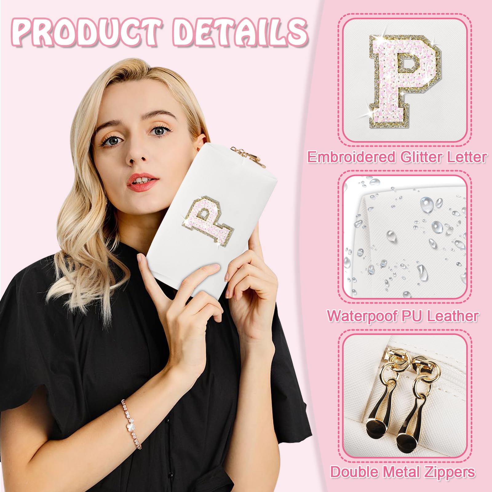 Small Travel Initial Preppy Makeup Bag, Personalized Black Cute Cosmetic Zipper Pouch Chenille Letter Travel Toiltery Bag, Waterproof PU Leather Makeup Case Storage Gift for Mom Women Female(Letter M)