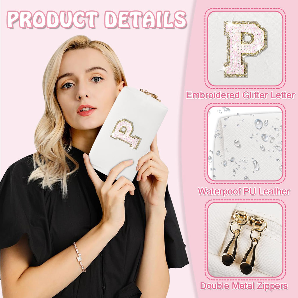 Small Travel Initial Preppy Makeup Bag, Personalized Black Cute Cosmetic Zipper Pouch Chenille Letter Travel Toiltery Bag, Waterproof PU Leather Makeup Case Storage Gift for Mom Women Female(Letter M)