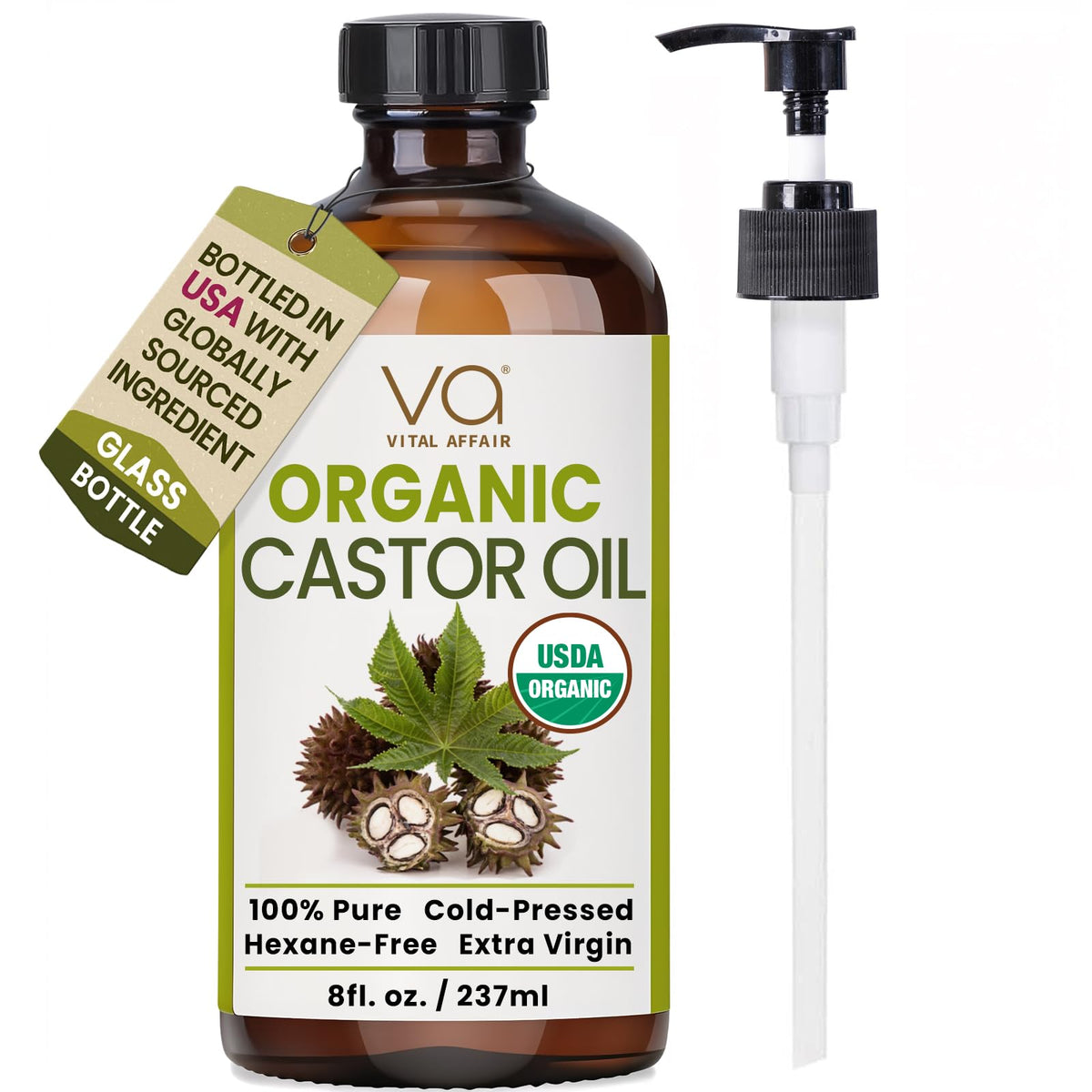 Castor Oil Organic Cold Pressed Glass Bottle 8oz For Hair Growth, Eyebrow