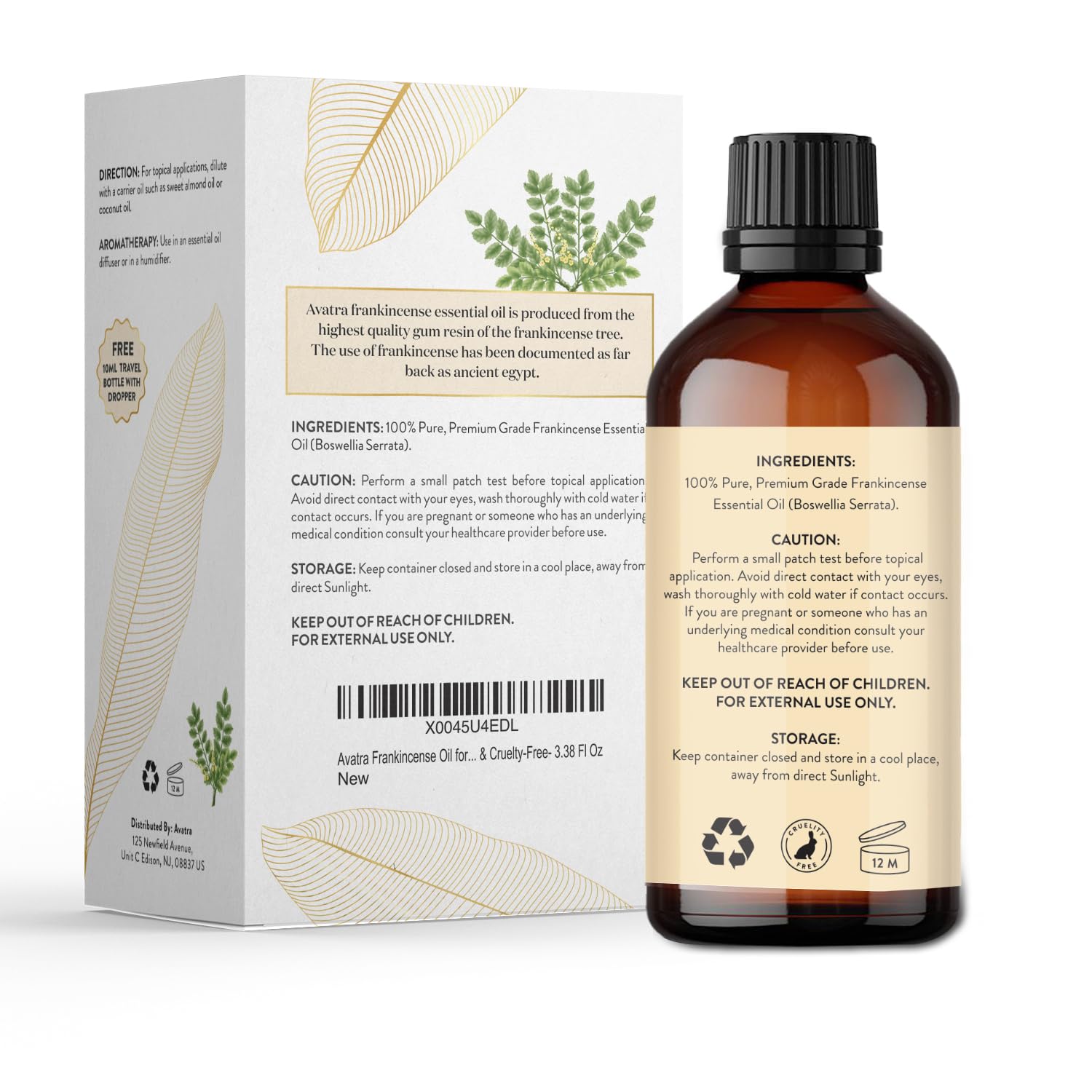 Avatra Frankincense Essential Oil 100ML (3.38 OZ) with Glass Dropper and Travel Bottle, Pure and Natural Therapeutic Grade Frankincense Oil for Diffuser, Aromatherapy, Massage, and DIY Candle Products