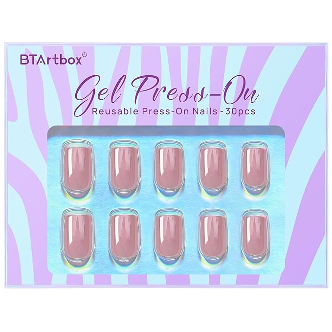 BTArtbox Press On Nails, Lotus Glazed, Short Square, Pink Chrome, 32Ct